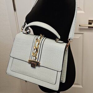Aldo Croc-Embossed Light Blue HandBag with Gold Chain Detail